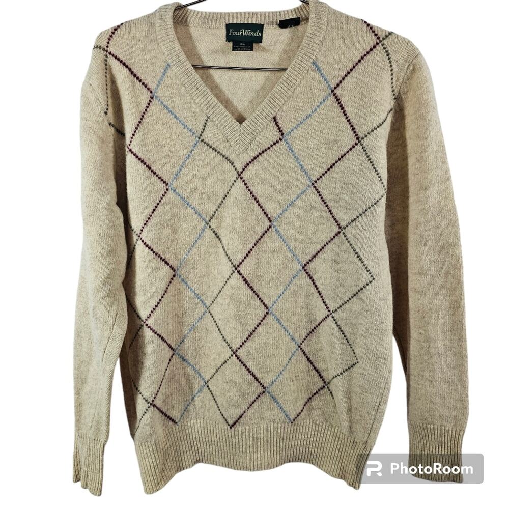 Vintage Four Winds 100% Lambswool V-neck Argyle Sweater Size Medium